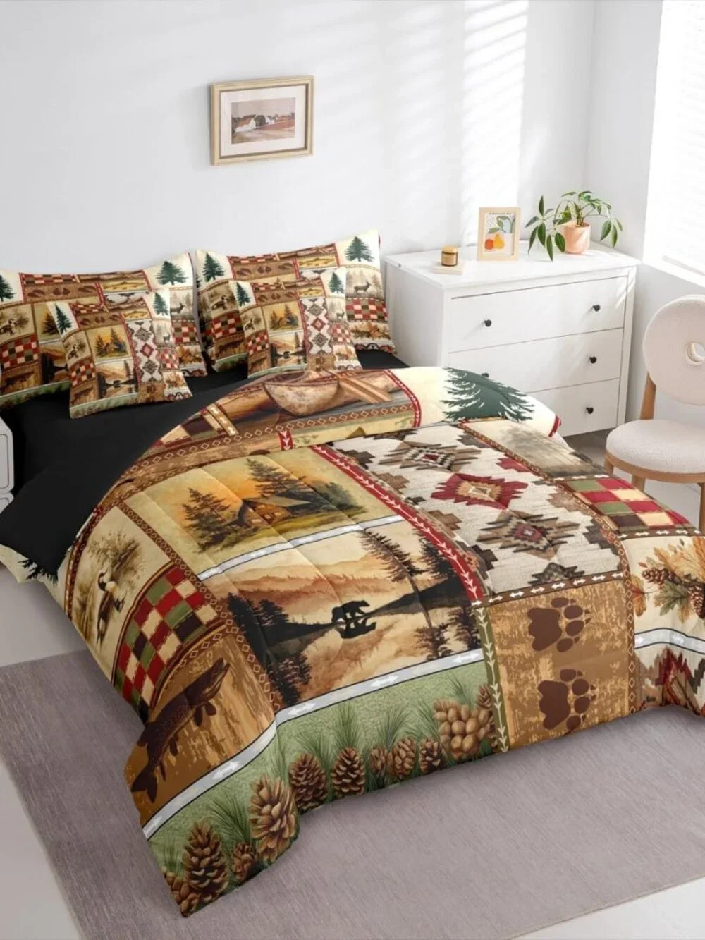 Rustic Cabin Comforter Set Queen Size,7 Pieces Farmhouse Lodge Bedding Set,Wildl